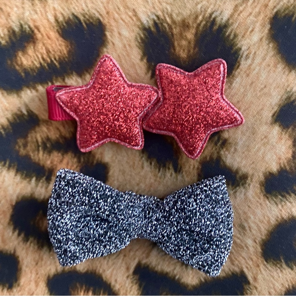 Red Glitter Stars and Black and Silver Shimmer Hair Bow Hair Clips - Picture 4 of 7